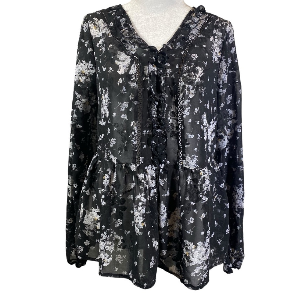 ALICE BLUE Women M Black Gray Lace detail peplum waist long sleeve ruffle blouse